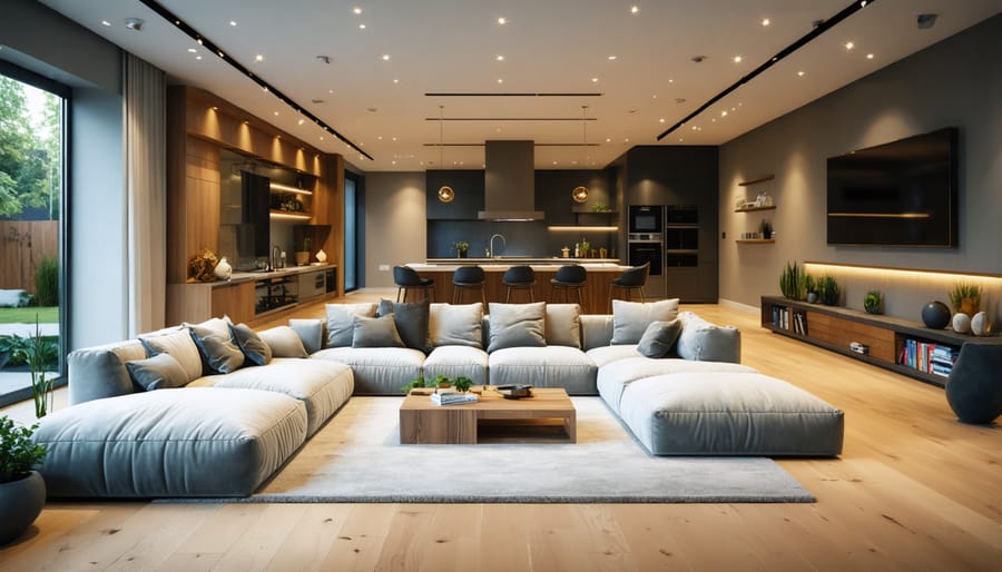 Open basement layout with living area, game space, and home office defined by strategic lighting and furniture arrangements