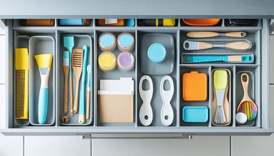 Bird's eye view of perfectly organized drawer with compartments and dividers