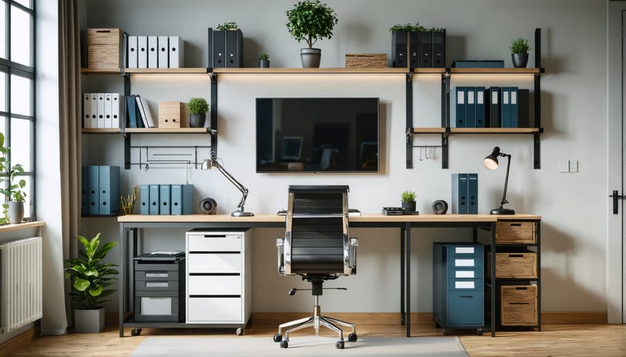 Organized workspace with built-in storage and hidden cable management systems