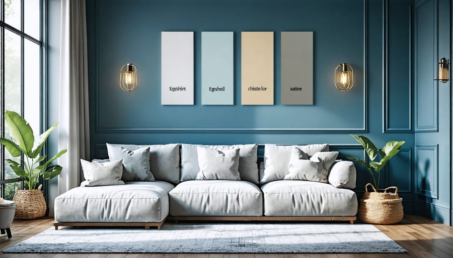 Demonstration of how different paint finishes reflect light in a living room setting