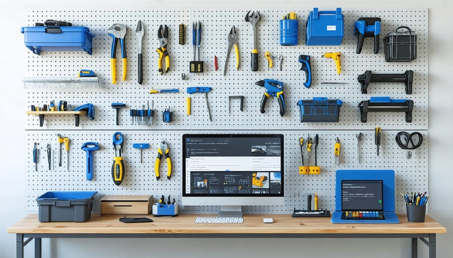 Organized pegboard wall system displaying office supplies and tools in an aesthetically pleasing arrangement