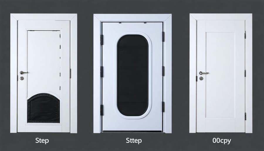 Professional installation sequence of interior pet door showing key steps