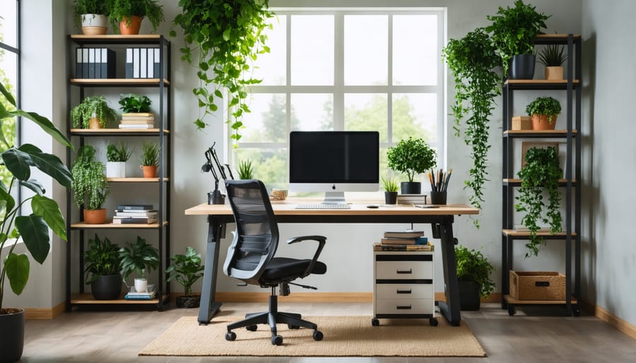 A modern home office setup emphasizing productivity and comfort, featuring an ergonomic chair, adjustable desk, natural lighting, and integrated greenery for inspiration and wellbeing.