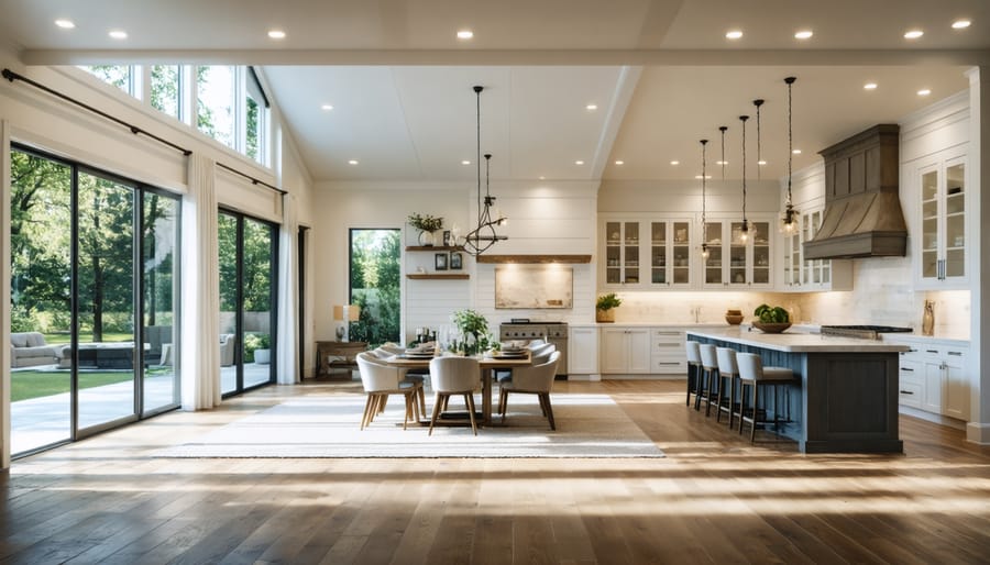 Open floor plan interior of a ranch house demonstrating flowing space between rooms