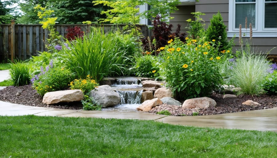 Beautifully designed residential rain garden showing water flow patterns and layered vegetation