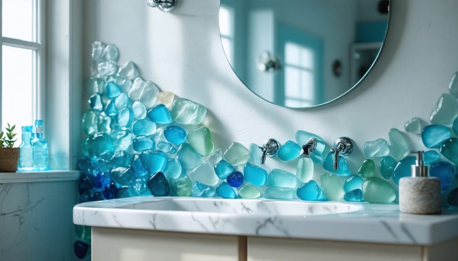 Bright small bathroom with sea glass blue walls, white fixtures, and natural lighting creating an airy atmosphere