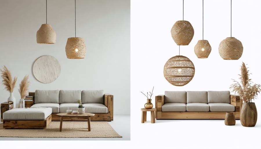 Side-by-side comparison of the same sustainable furniture pieces styled for summer and winter seasons