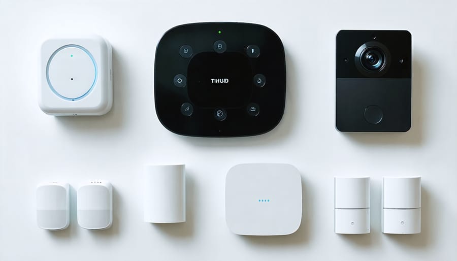 Core components of a DIY smart home security system laid out on white surface