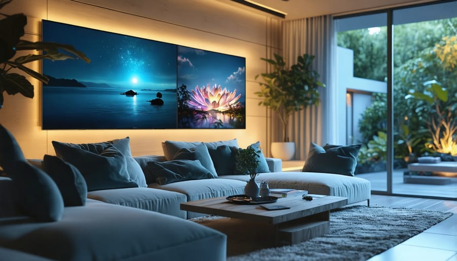 Smart home living room with color-changing ambient lighting and voice control interface