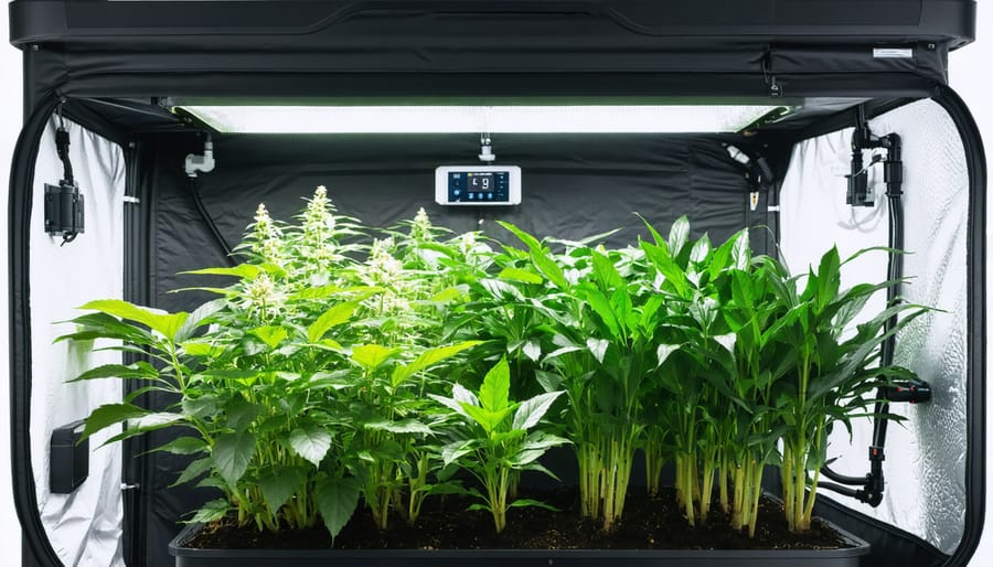 A modern grow tent with an automated watering system featuring a water reservoir, digital timer, and drip lines delivering precise moisture to lush plants.