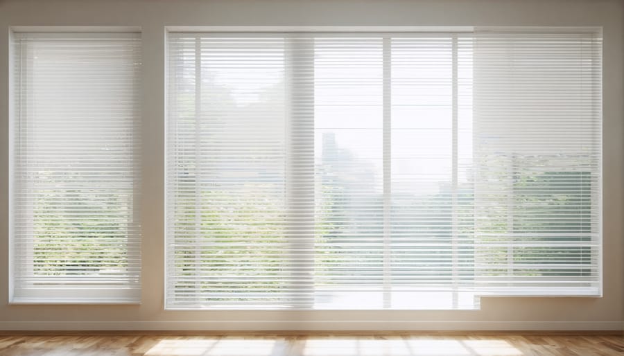 Multiple-frame image showing automated blinds adjusting position as sunlight changes