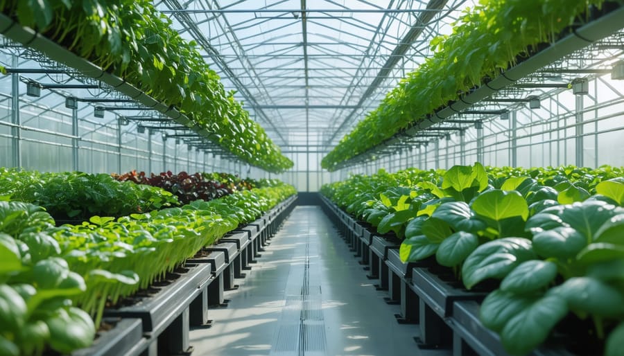 Interior view of smart greenhouse with climate control systems and monitoring equipment