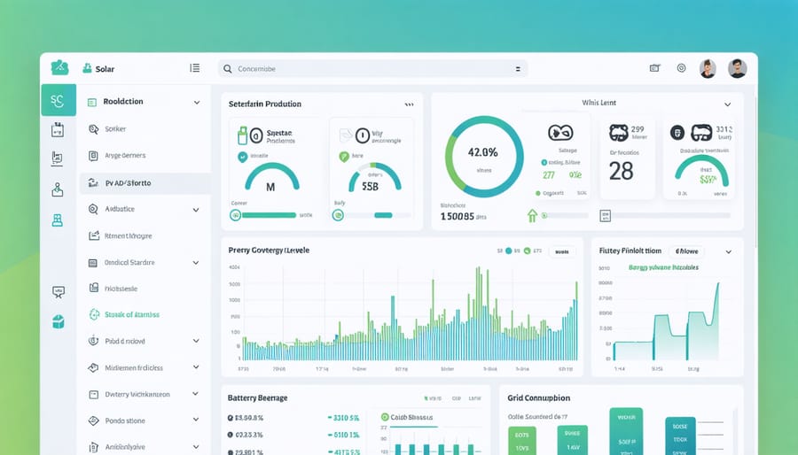 Digital interface displaying home energy management system with solar production and consumption metrics