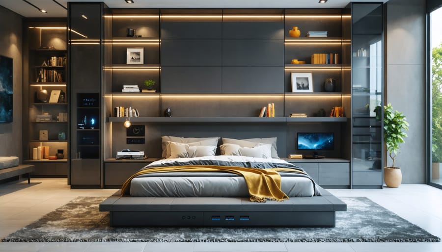 A modern Murphy bed transitioning into a wall-mounted desk with built-in storage, showcasing innovative space-saving smart furniture design in a stylish, tech-equipped living area.