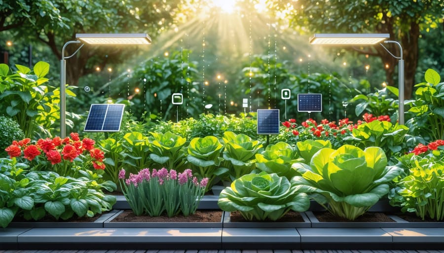 Illustration of a smart garden featuring automated watering systems, LED grow lights, and soil moisture sensors in a thriving vegetable garden.