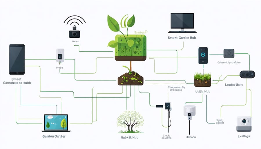 Schematic illustration showing smart garden hub connectivity with sensors and control devices