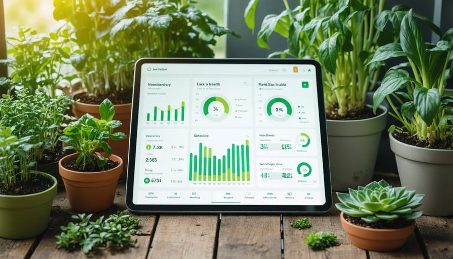 Digital interface displaying indoor garden monitoring data and controls