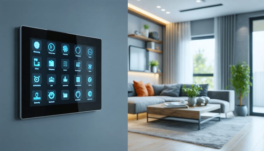 Illustration of a smart home control panel featuring digital icons for lighting, temperature, and security, with a modern home background depicting an interconnected environment.