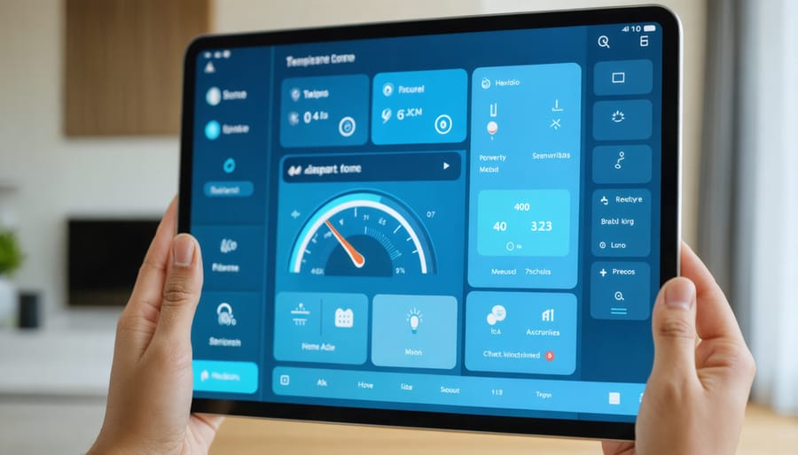 Smart home control dashboard displaying various home automation controls and statistics