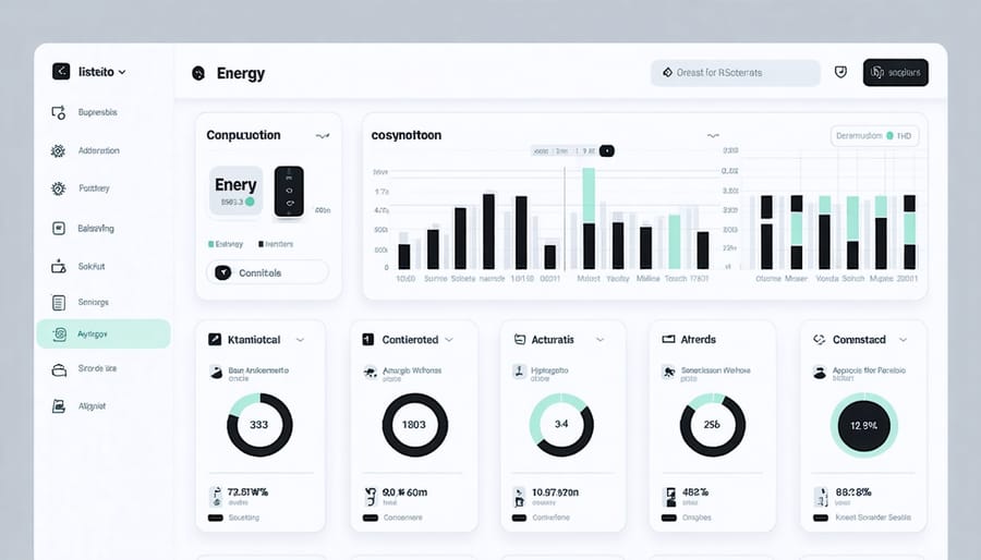 Digital interface showing energy usage graphs, smart device controls, and cost savings