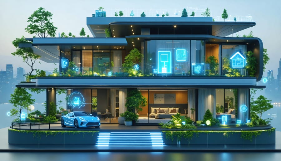 Conceptual image of a modern home with energy-efficient features such as LED lighting and a smart thermostat, surrounded by symbols of technology and nature to represent energy savings and sustainability.