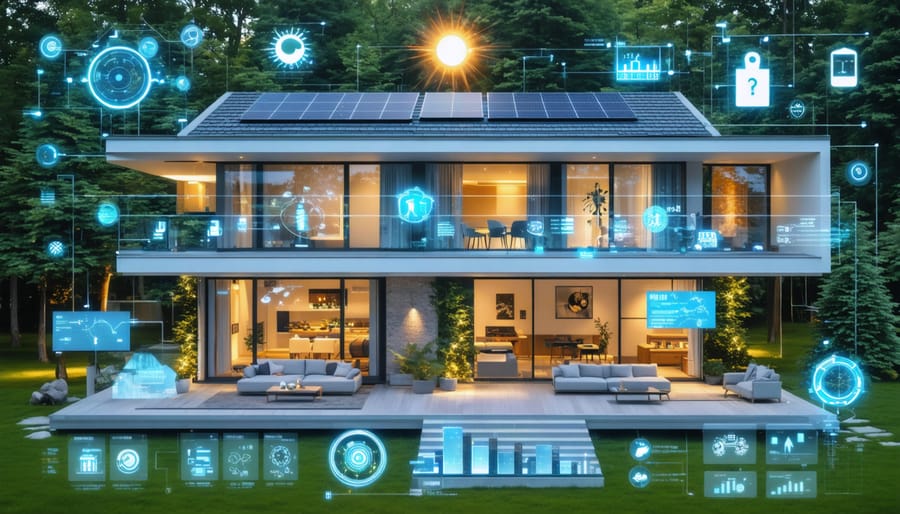 "A modern home showcasing smart energy technologies such as solar panels, a smart thermostat, automated lighting, and a real-time energy monitoring dashboard, all set against a lush green landscape to represent energy efficiency and sustainability."