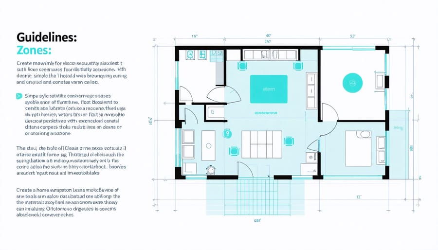 Home floor plan diagram showing recommended placement of AI security cameras and sensors