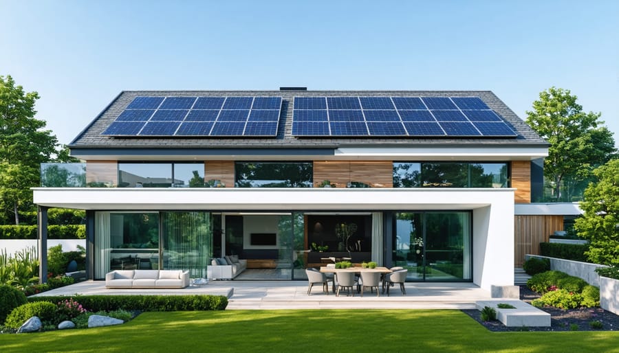 A contemporary home equipped with sleek solar panels on the roof, demonstrating modern and efficient renewable energy integration.