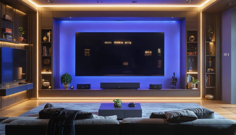 Custom home theater with premium audio-visual equipment and automated lighting controls