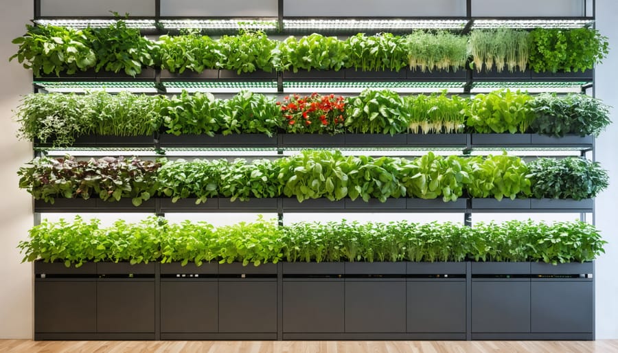 Indoor vertical garden with diverse herbs and vegetables in sustainable containers, under LED grow lights, showcasing smart and eco-friendly gardening techniques.