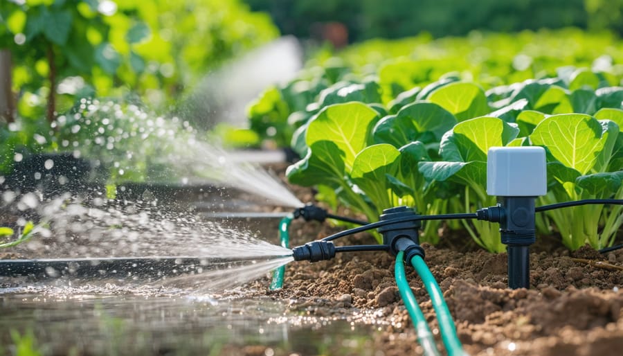 Smart irrigation system with soil moisture sensors monitoring a vegetable garden