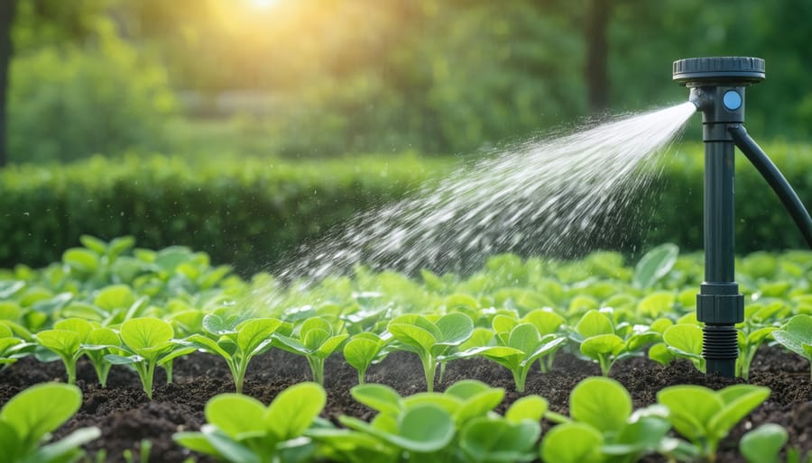 Smart irrigation controller with mobile app interface and installed moisture sensors in garden bed