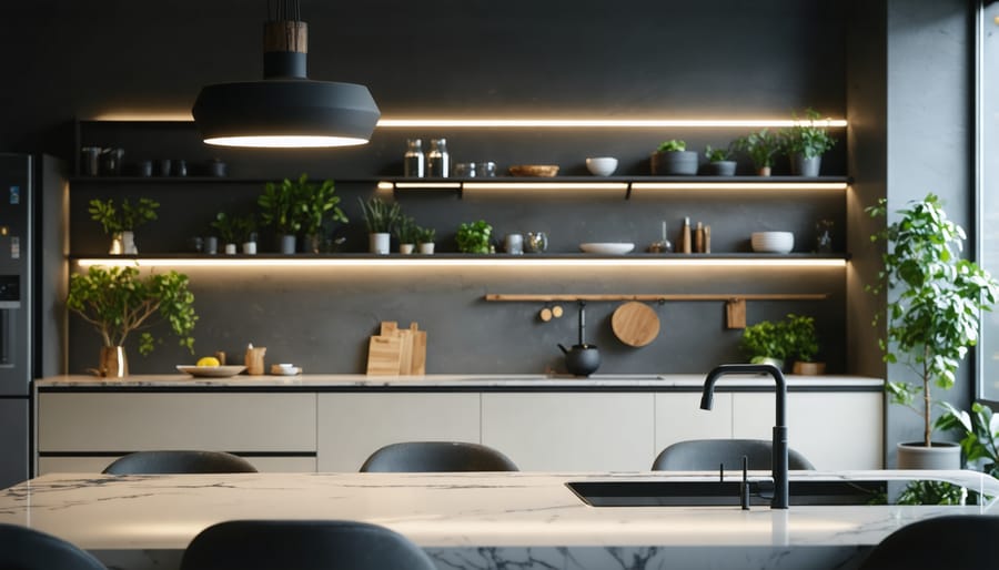 Zen kitchen space illuminated with smart lighting showcasing different mood settings