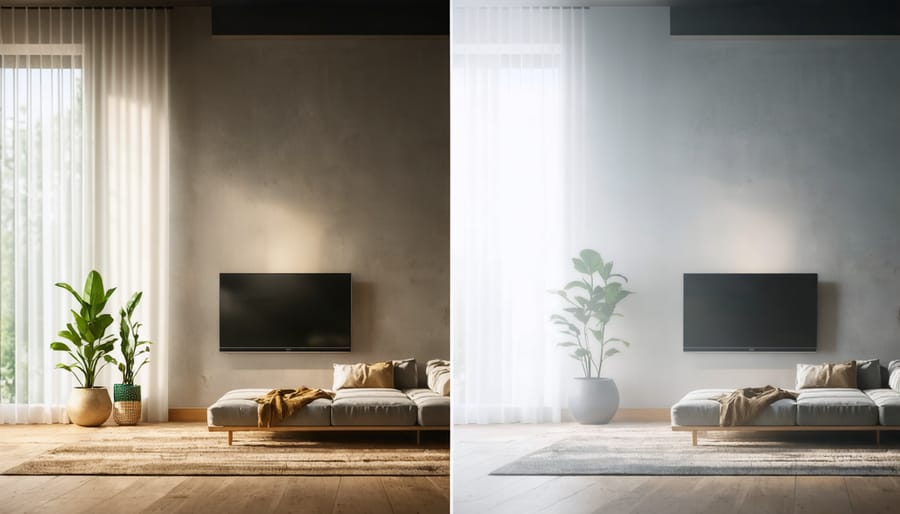 Side-by-side comparison of living room: traditional lighting versus smart lighting with warm ambiance