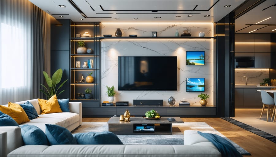 Modern living room with highlighted smart home features and controls