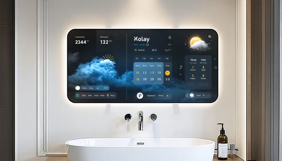 Interactive smart mirror showing digital display of daily information in modern bathroom setting