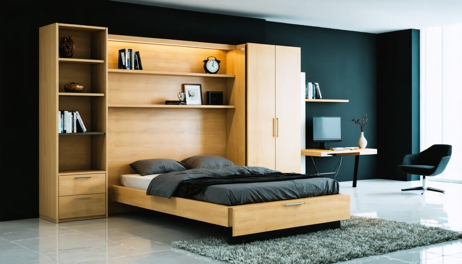 Time-lapse style image showing murphy bed transforming into a desk with built-in storage