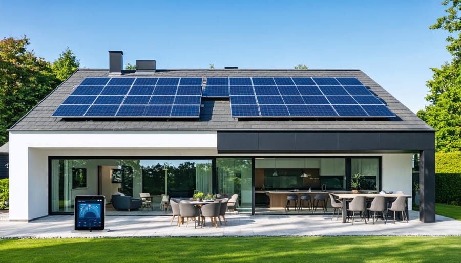 Contemporary house design featuring sleek solar panel installation and smart energy system