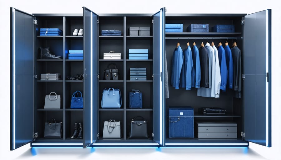 Modern closet system with illuminated compartments being controlled by smartphone app