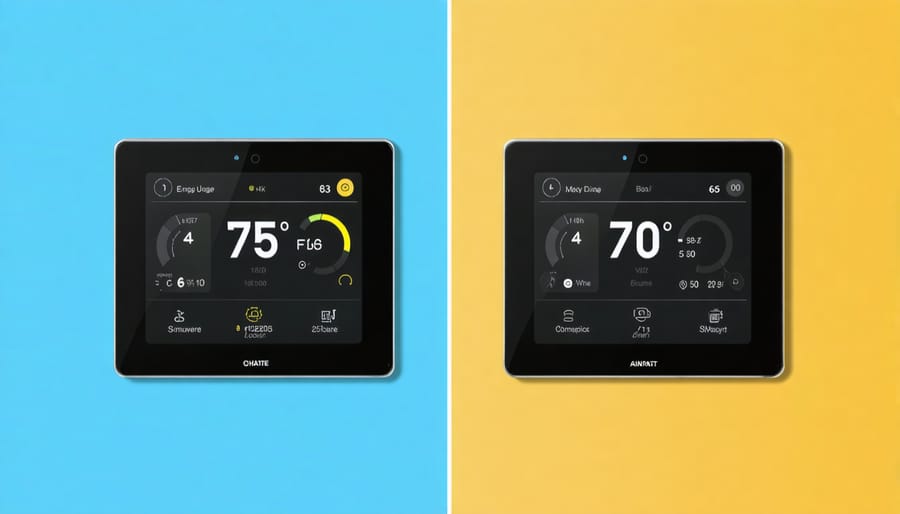 Side-by-side comparison of a basic thermostat and a modern smart thermostat displaying energy analytics