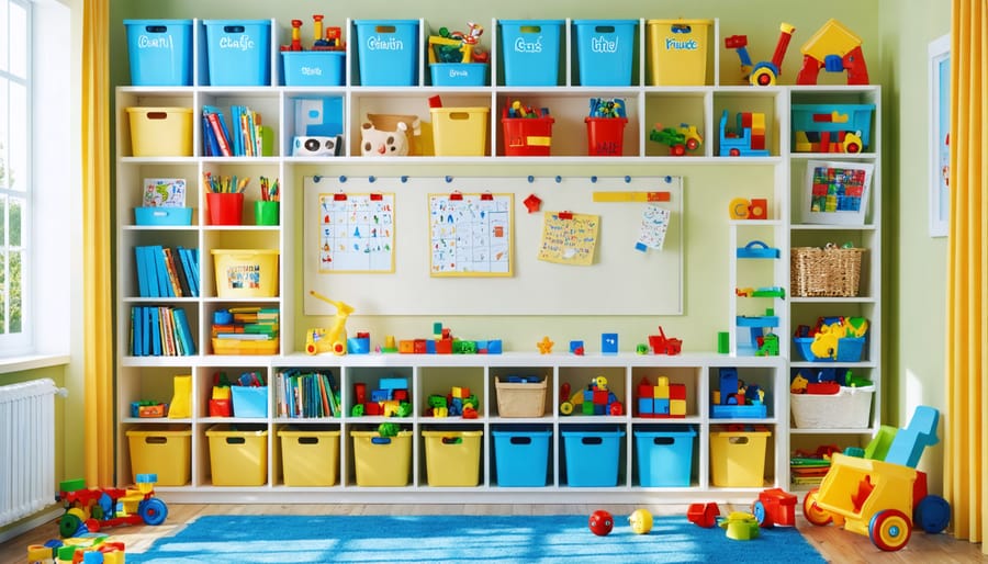 A tidy and colorful playroom featuring various smart storage solutions, including clear bins with labels, floating shelves, and over-the-door organizers, designed to make toy cleanup enjoyable for children.