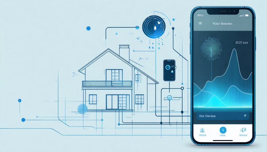 Smartphone displaying water leak detection app interface next to smart water monitoring device