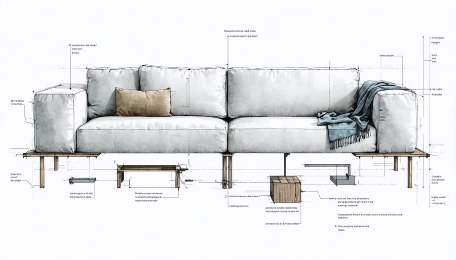 Detailed diagram showing all frame components, connectors, and assembly hardware for a modular sofa