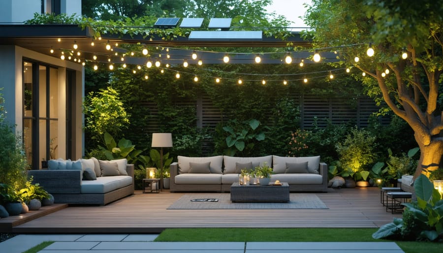 Night scene of backyard with solar lights creating ambient atmosphere