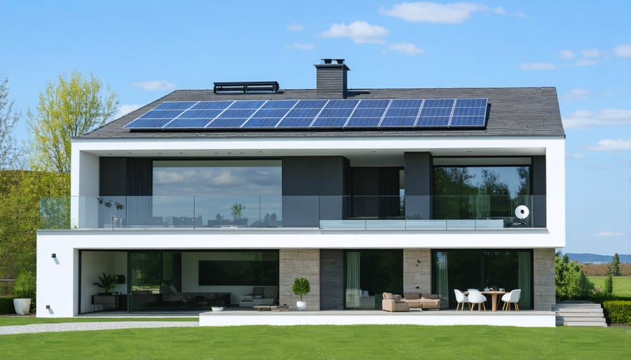 Residential house equipped with rooftop solar panels and smart home features