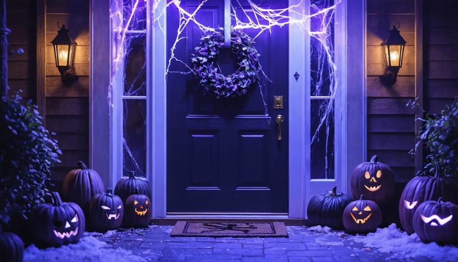 Halloween decorated front door with black wreath, spider webs, and atmospheric purple lighting