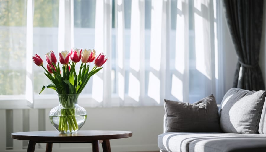 Spring-inspired living room with fresh flowers and natural light