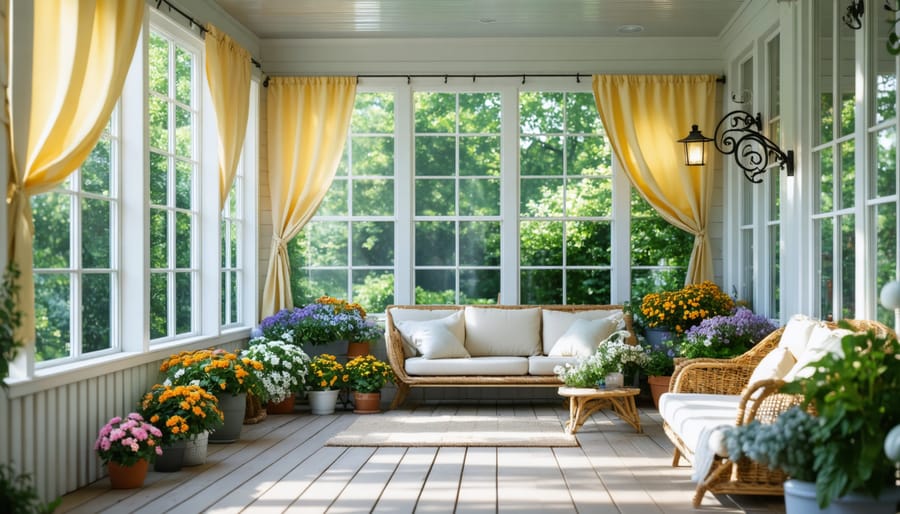 Sunlit three-season porch featuring natural decor and abundant plant life