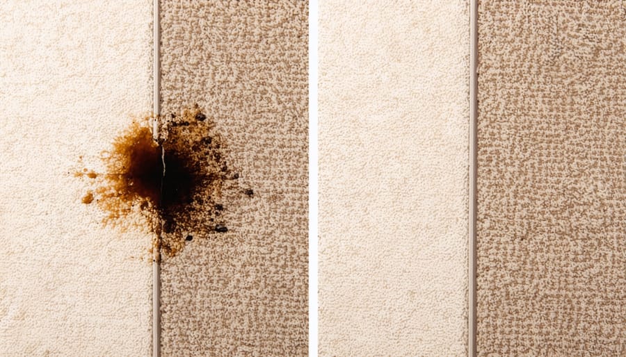 Before and after demonstration of coffee stain removal from carpet