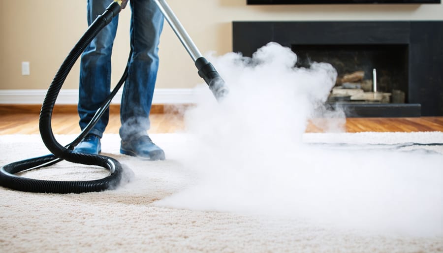 Demonstration of home steam cleaning technique on carpet